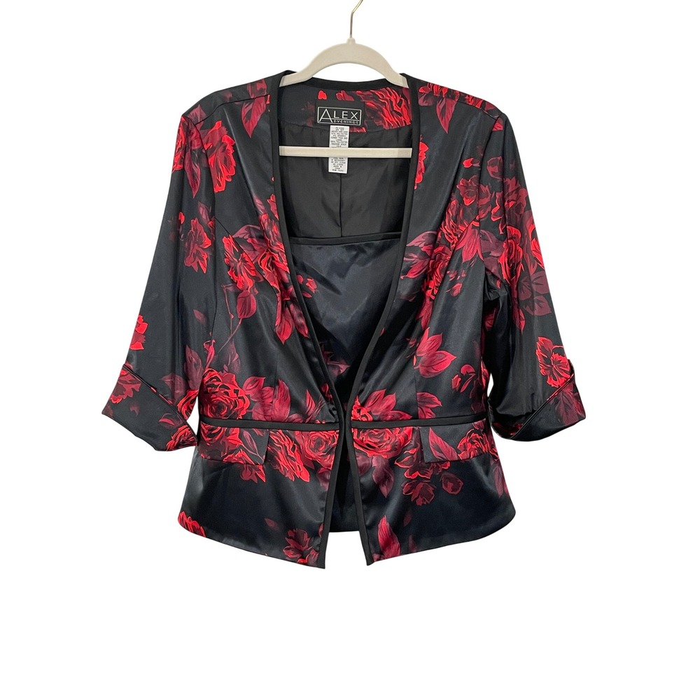 Alex Evenings Black Red Rose Floral Print Jacket Camisole Set Women's XL